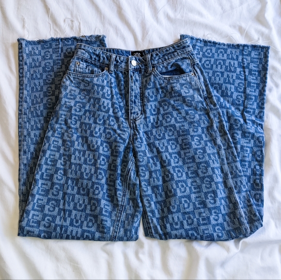 Urban Outfitters BDG Nudes Lettering High Waisted Wide Leg Raw Hem Denim Jeans - Picture 5 of 15